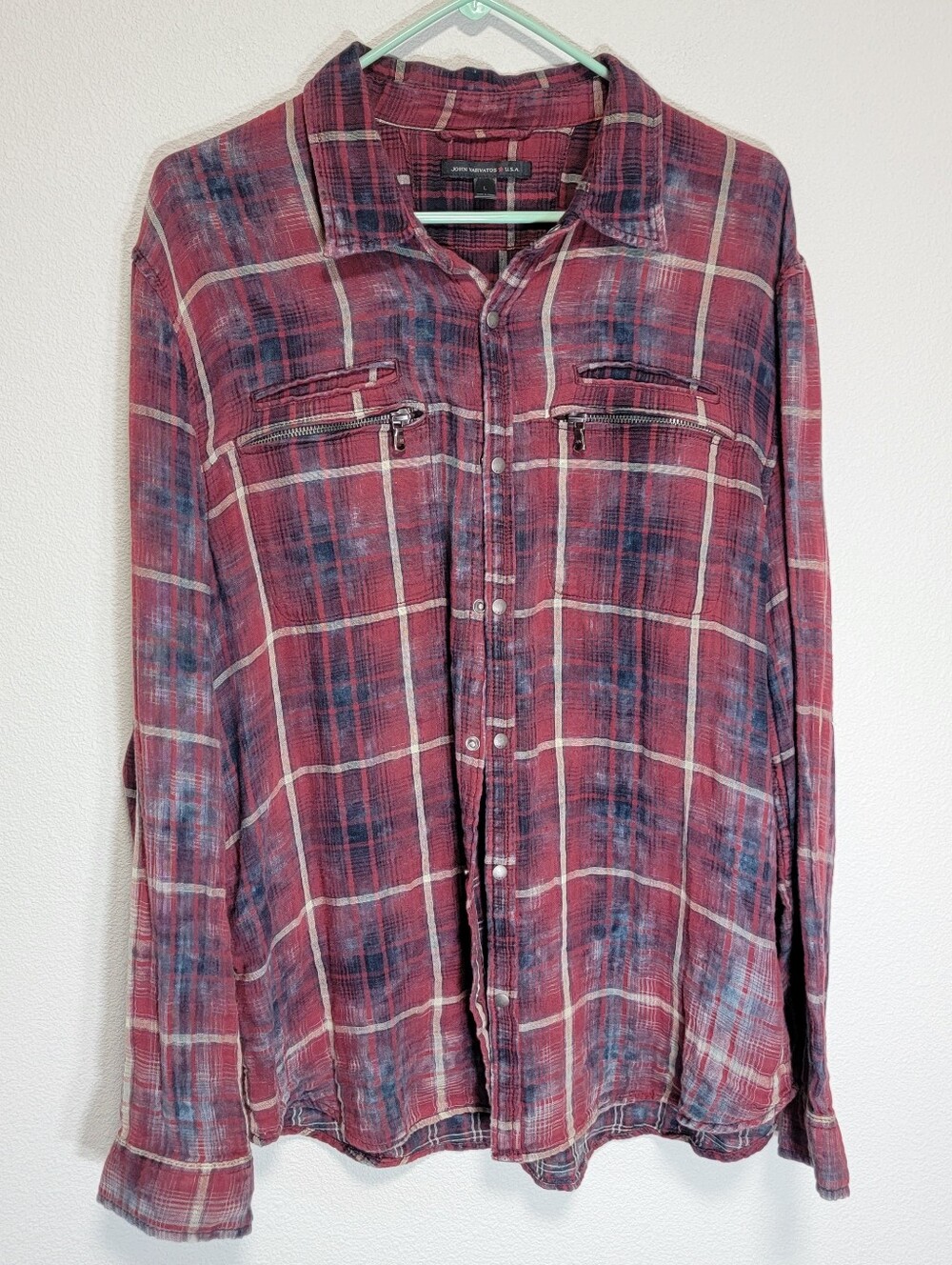 John Varvatos Slub Cotton Rustic Plaid Snap Front Long Sleeve Shirt